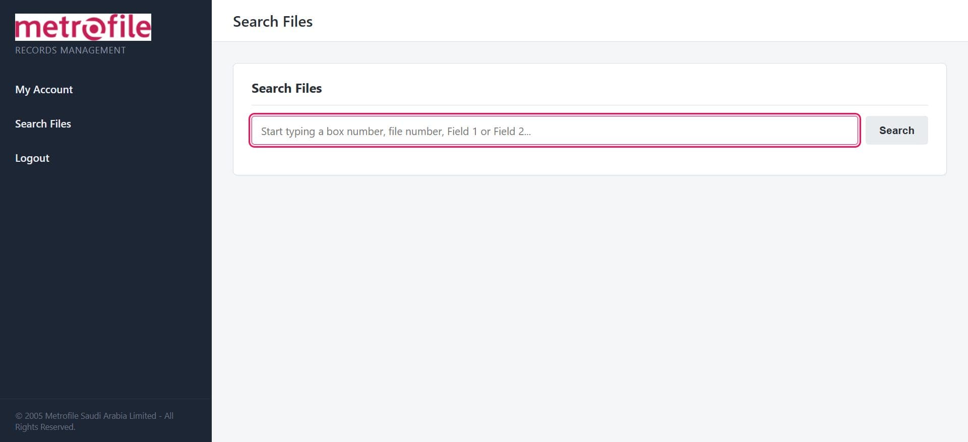 Clean, role-based layout (client portal view with live Search Files)