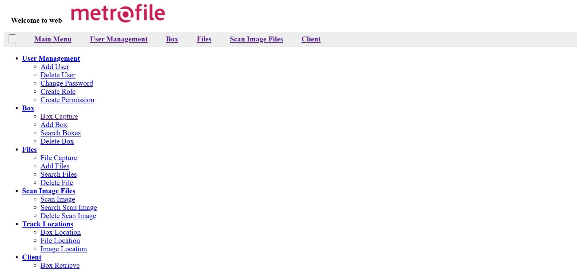 Unstyled menu of plain links, the same options shown to every user